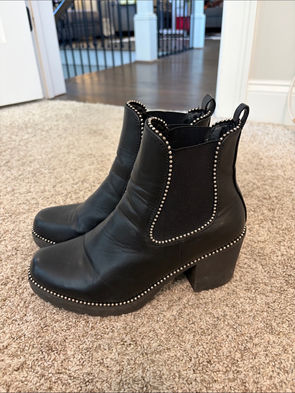 Black Studded Chelsea Block Heel Booties - Women